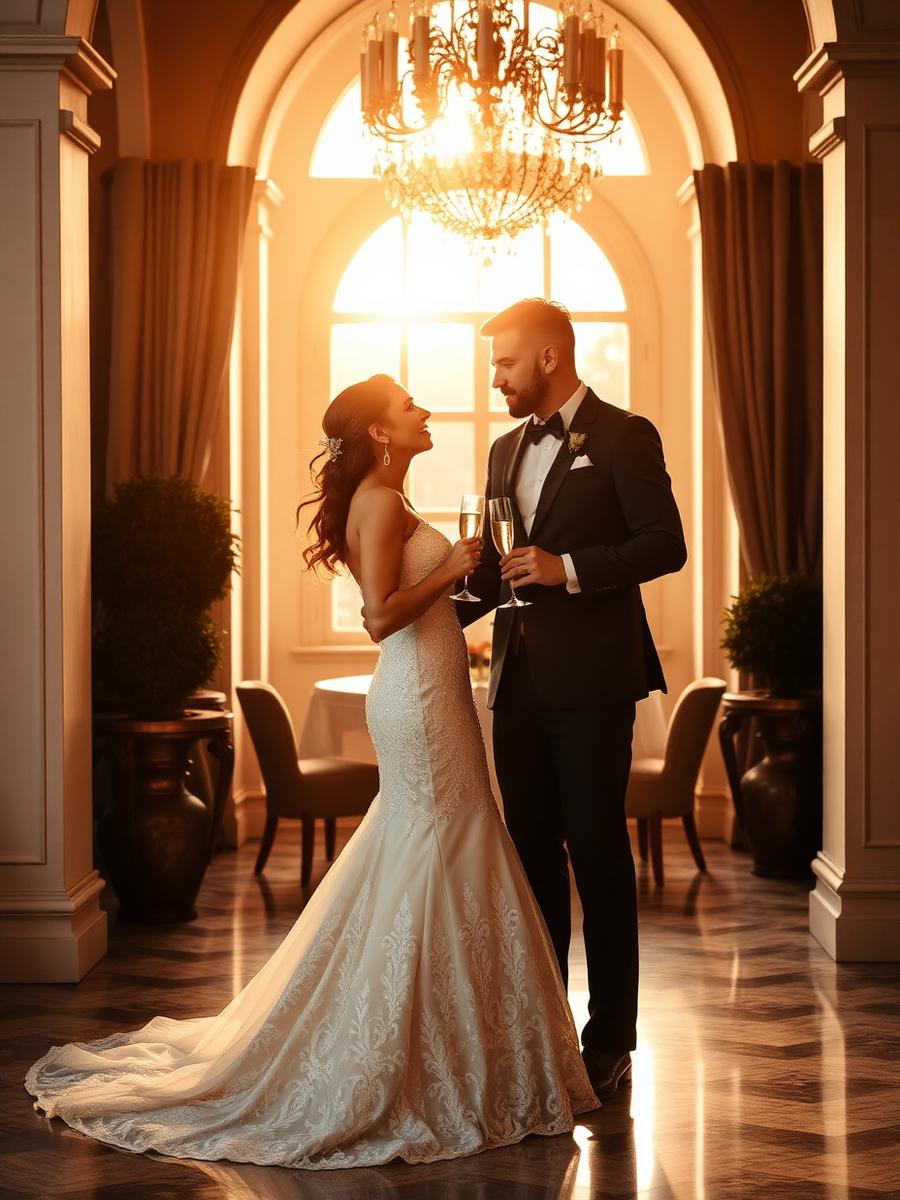 Elegant bride and groom toasting champagne