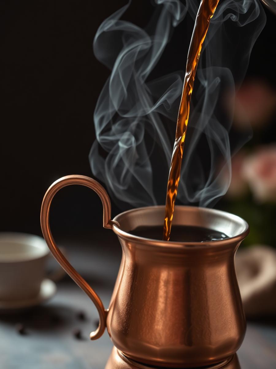 Turkish coffee pouring into copper cezve