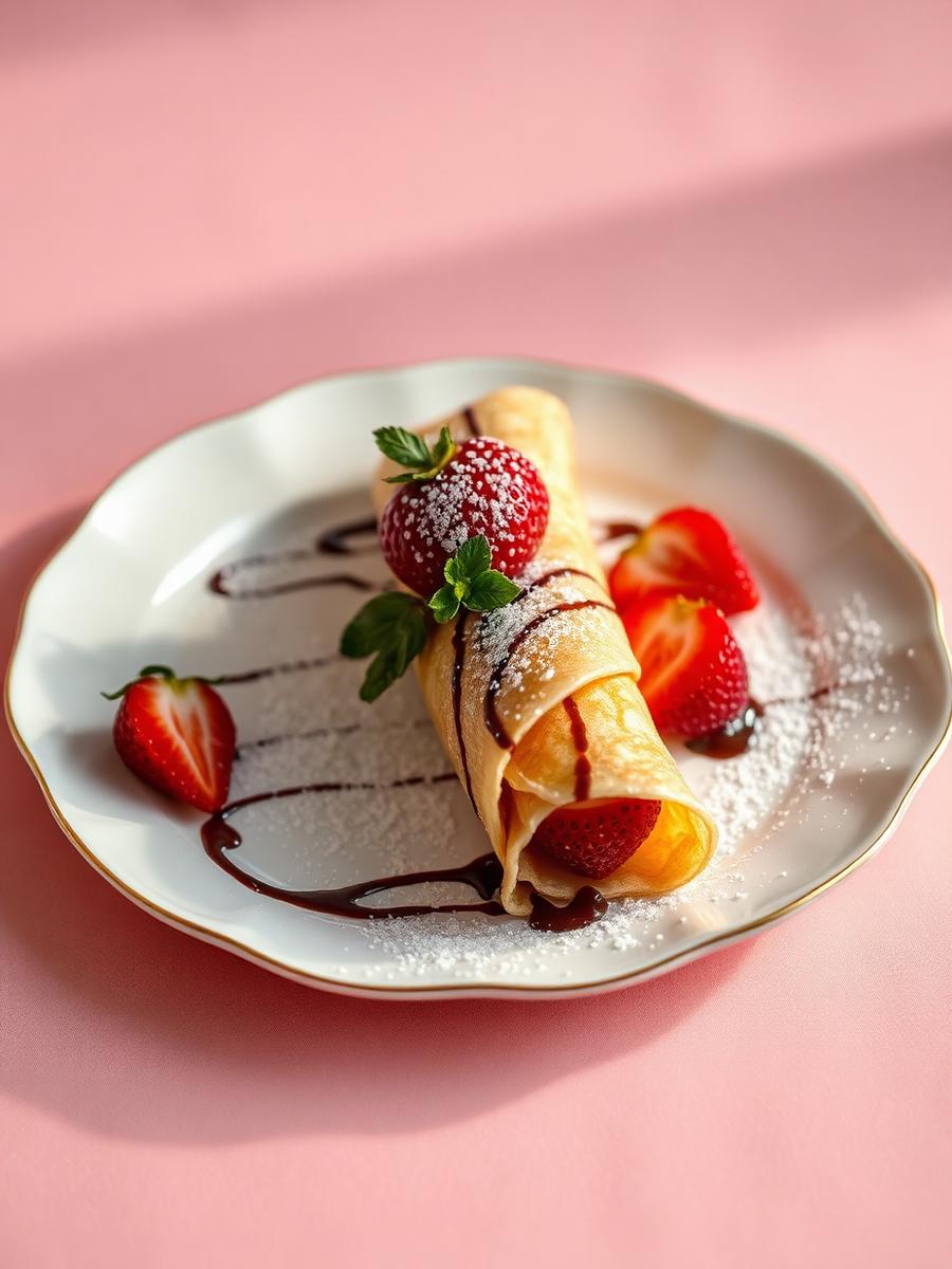 Fresh strawberry crêpe on porcelain plate